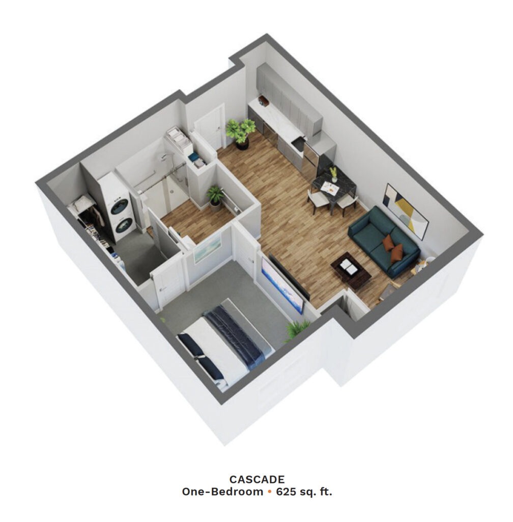Digital rendering of The Pointe at Meridian Cascade One-Bedroom apartment. 625 sq. ft.