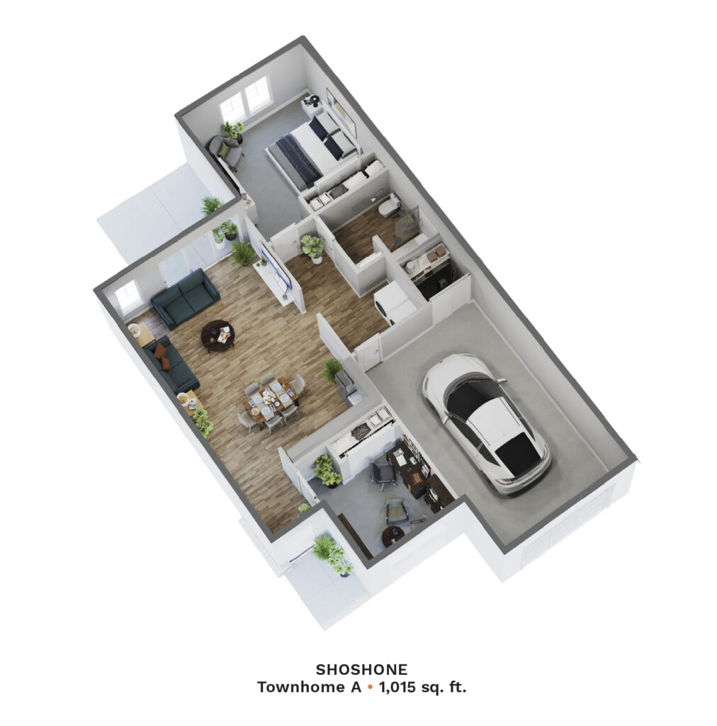 Digital rendering of The Pointe at Meridian Tamarack Townhome A. 1,015 sq. ft.