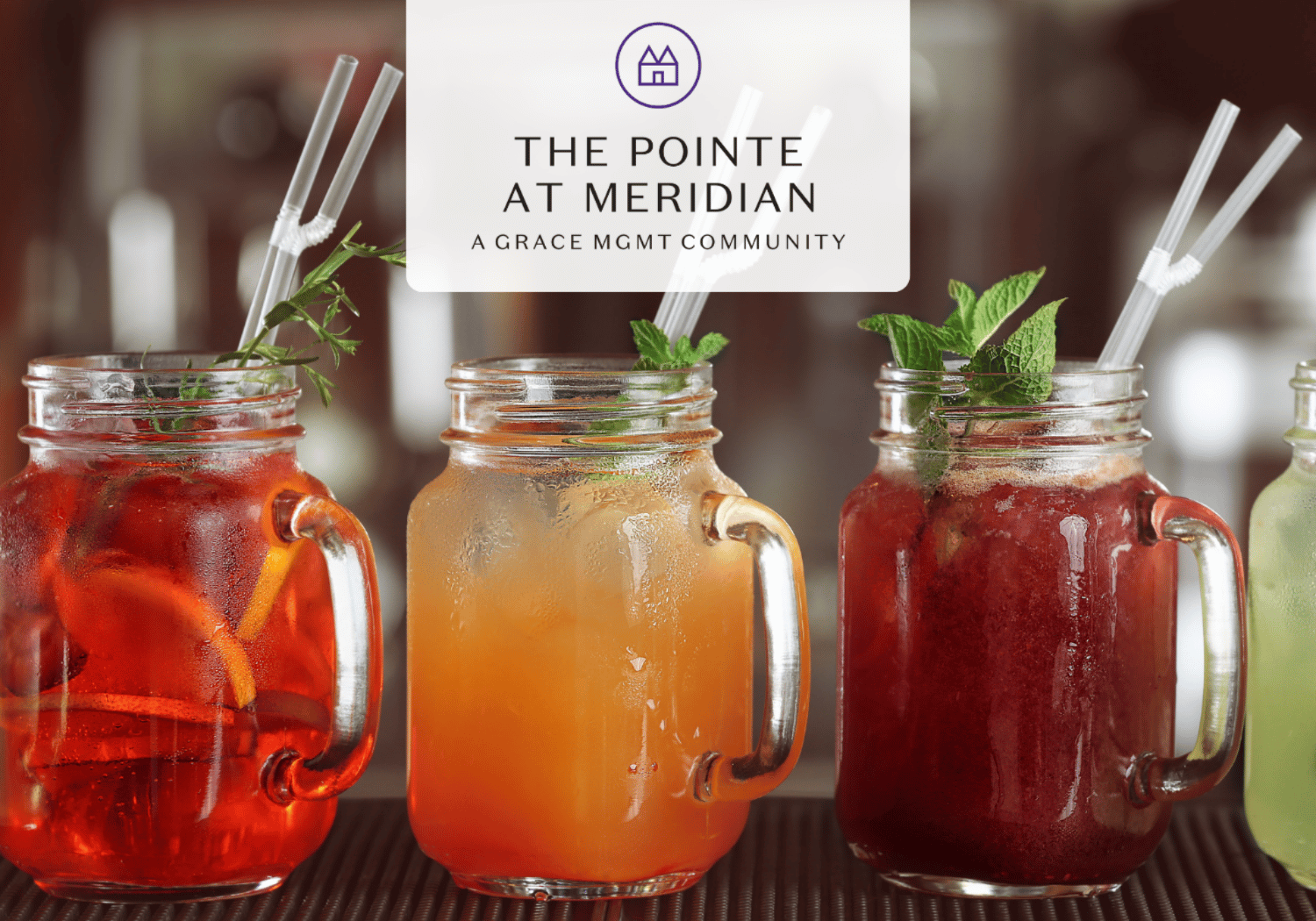 Three colorful mason-jar drinks with mint, ice, and straws on a bar, overlaid by a banner that reads 'The Pointe at Meridian' (a Grace Mgmt Community).