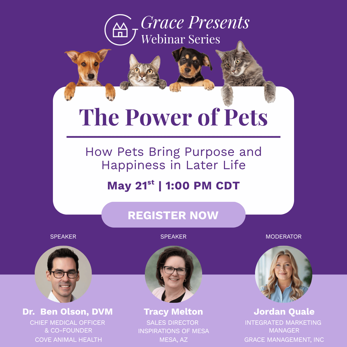 Purple Grace Presents Webinar Series banner for 'The Power of Pets' with four pets peeking over a curved white panel showing date, time, and 'REGISTER NOW' button; speakers pictured below.