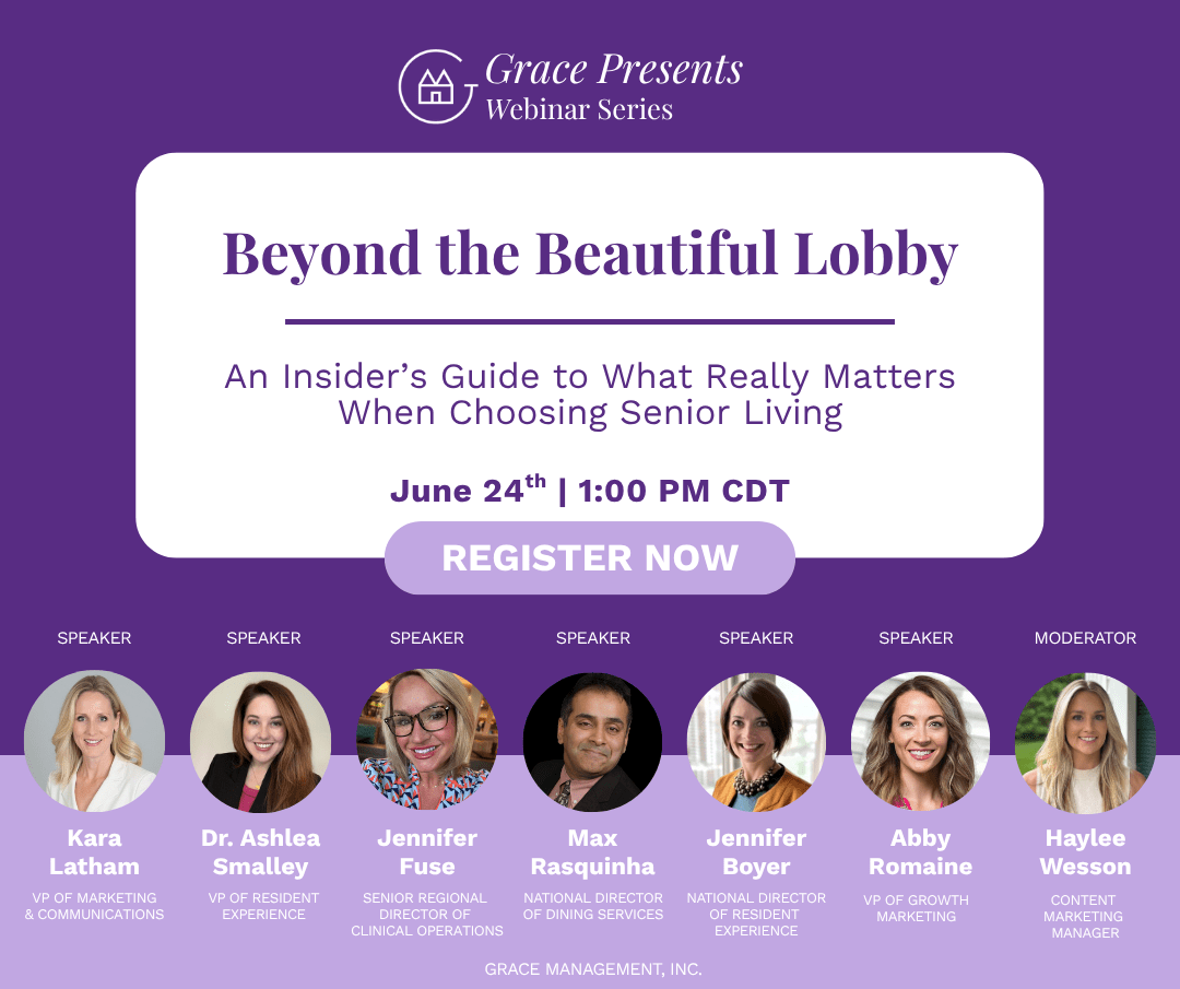 Poster for Grace Presents Webinar Series: 'Beyond the Beautiful Lobby' with date June 24, 1:00 PM CDT and a 'Register Now' button. Features headshots of six speakers and a moderator with their titles.